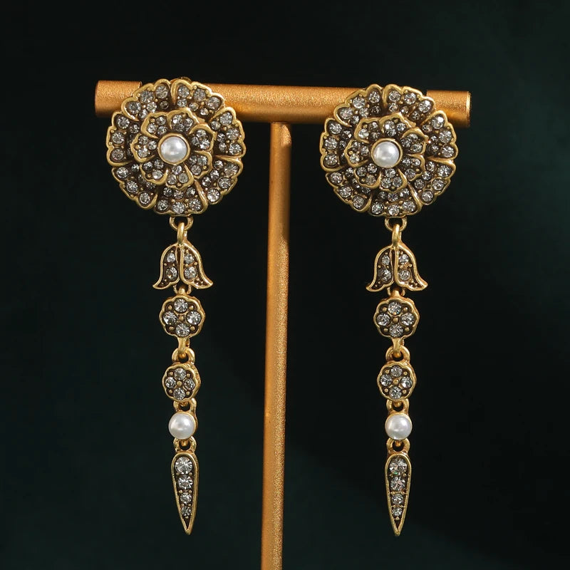 Vintage Luxury Camellia Rose Flower Designer White Rhinestones Layer Antique Indian Long Drop Dangle Earrings