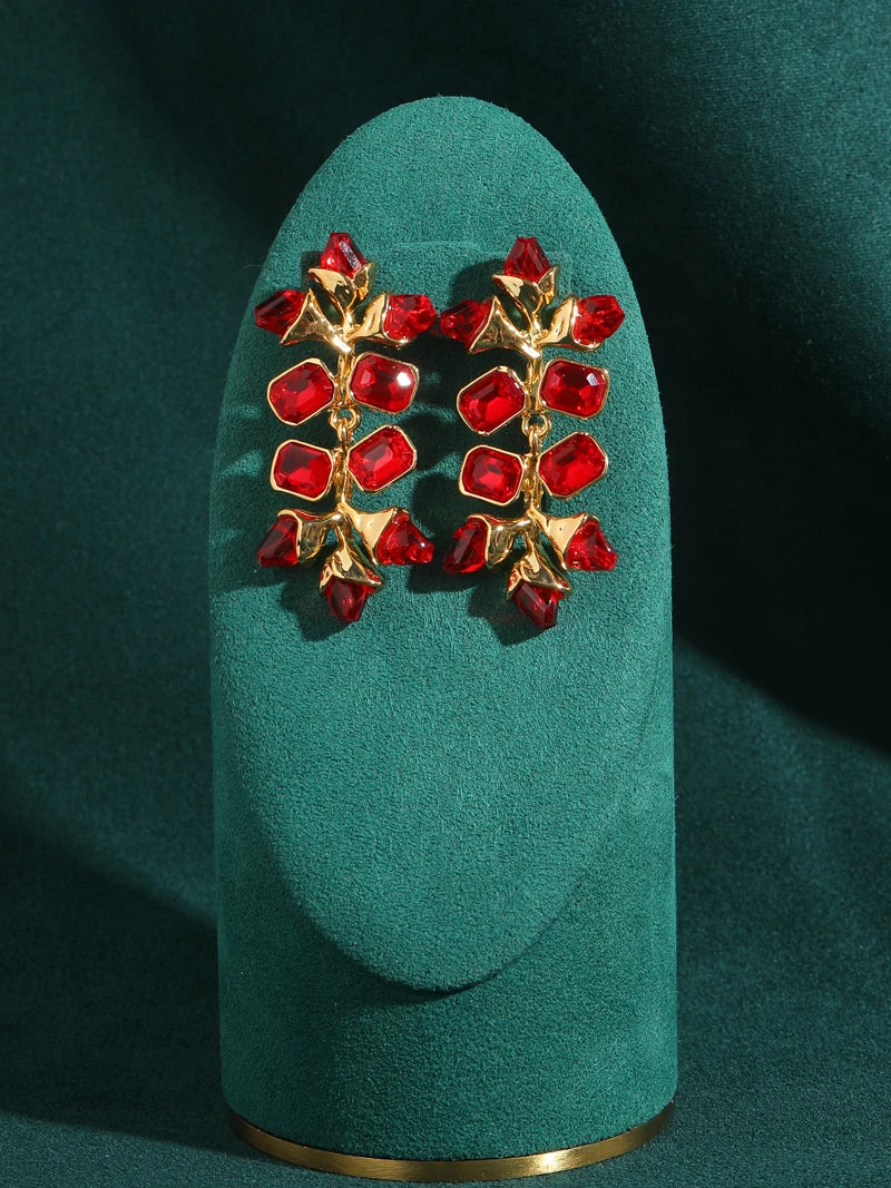 Vintage Large Red Crystal Square Leaf Bohemian Luxury Designer Women's Earrings