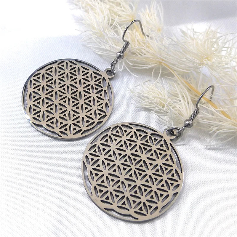 Women Men Flower of Life Stainless Steel Gold Color Mandala Long Necklace