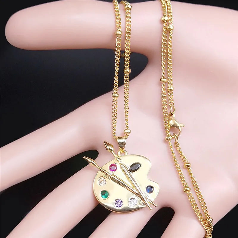 Painting Plate Zircon Stainless Steel Art Pigment Palette Choker Necklace