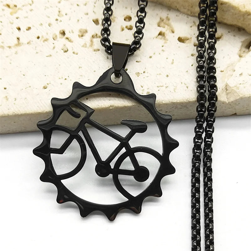 Women Men Tires Bike Bicycle Stainless Steel Long Chain Black Color Necklaces