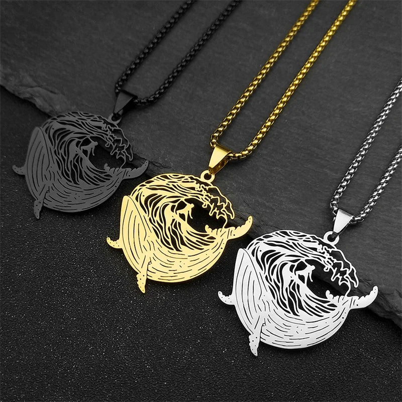 Whale Surf Riding Women Men Stainless Steel Gold Color Chain Necklace Pendant