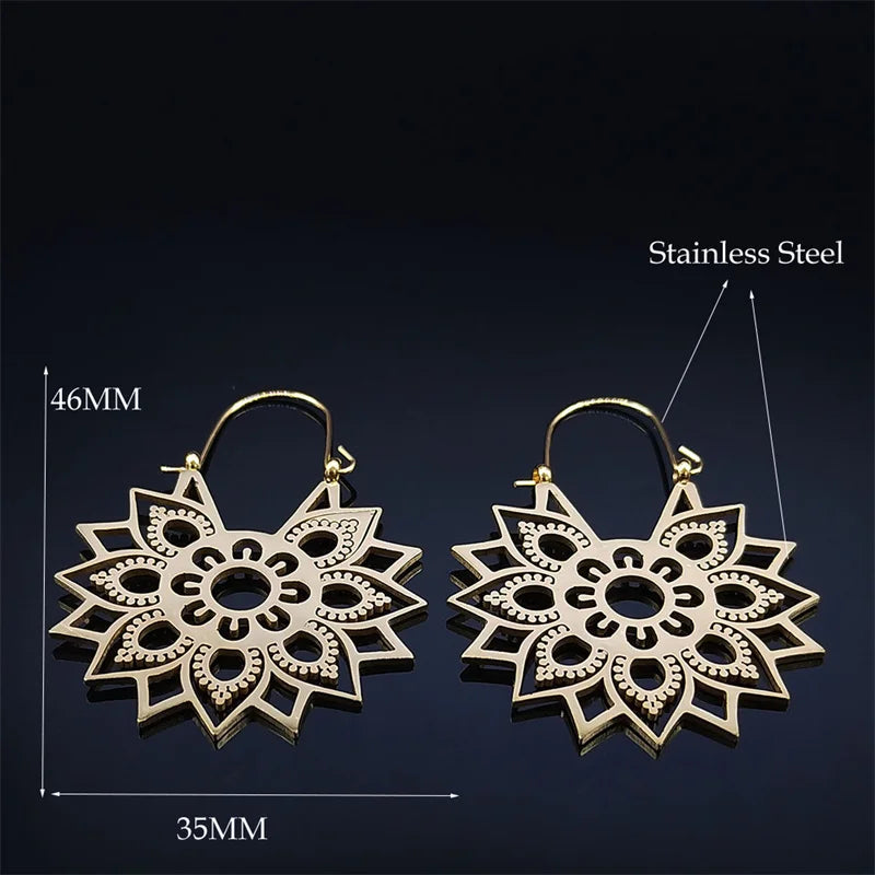 Women Yoga Lotus Flower Stainless Steel Gold Color Hoop Earrings