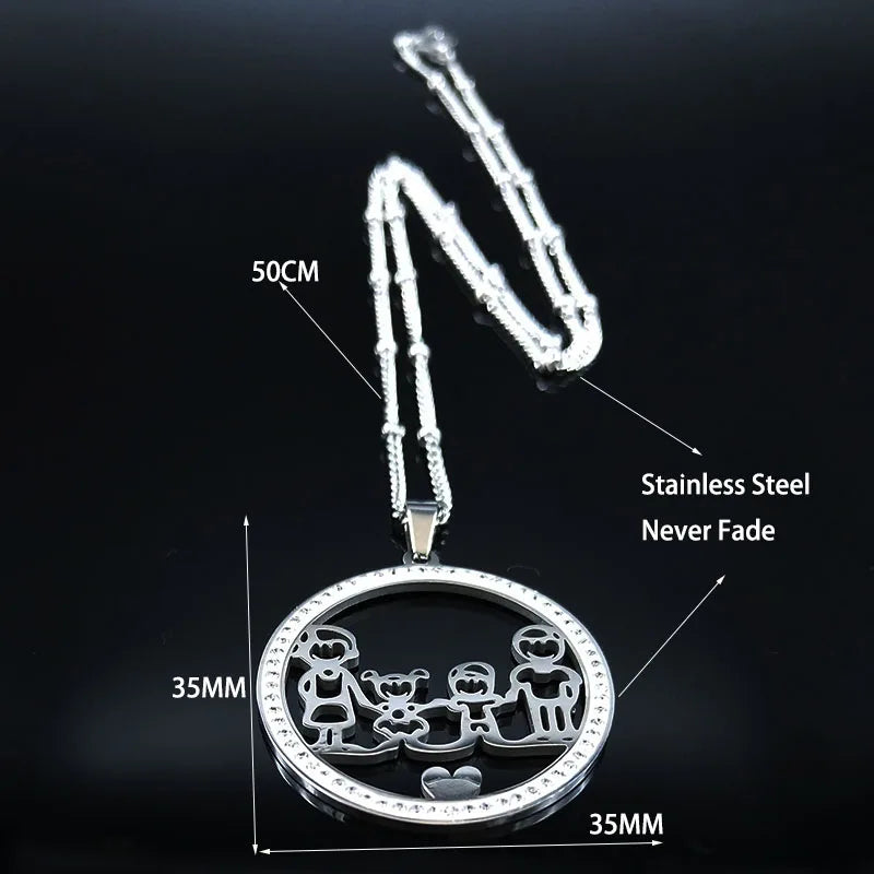 Family Boy Gril Stainless Steel Silver Color Crystal Necklace