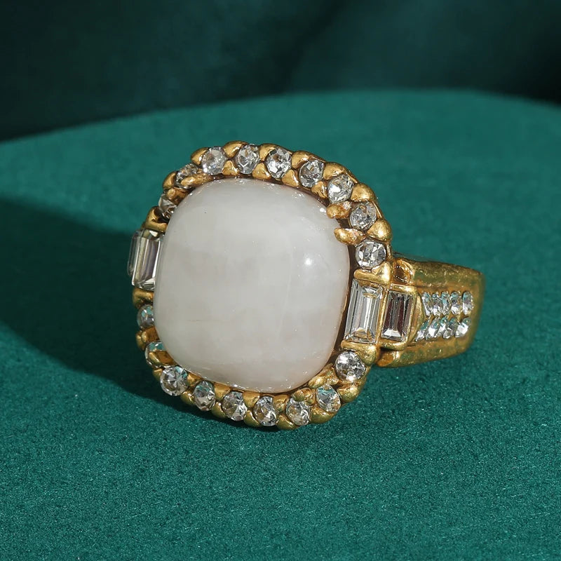 Luxury Vintage Square Shape Opal Pink Natural Stone Rhinestone Antique Wedding Ring
