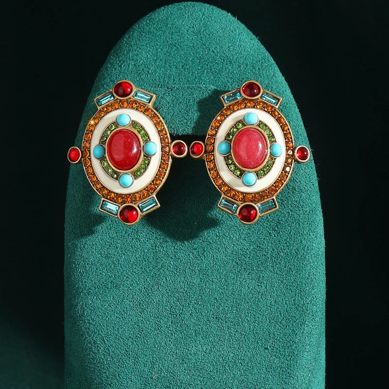 Ethnic Style Bohemia Red Natural Stone Oval Shape Vintage Crystal Antique Earrings