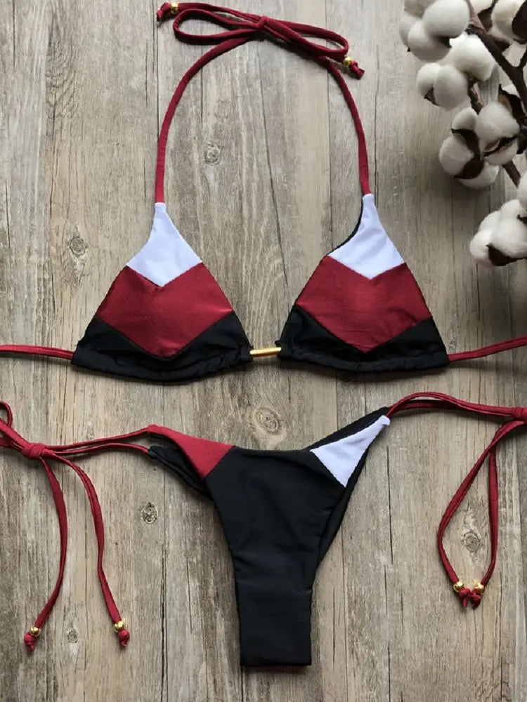 Sexy Halter Thong Micro Bikini Push Up Brazilian Tropical Plant Print String Mini Swimsuit