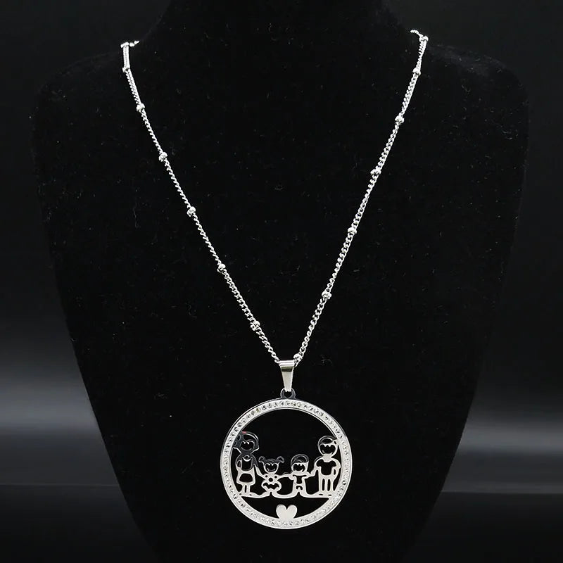 Family Boy Gril Stainless Steel Silver Color Crystal Necklace