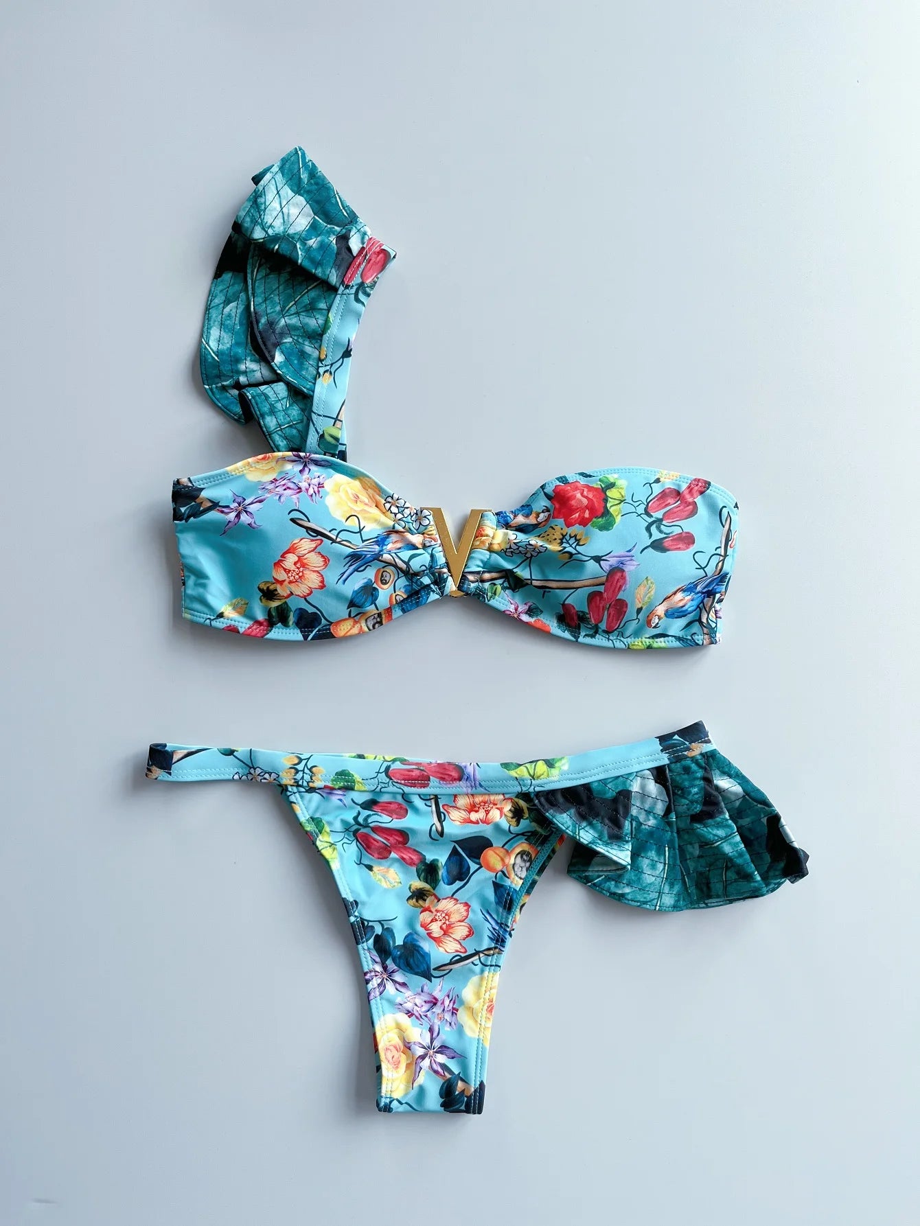Two-Pieces Sexy Floral Push-Up Strappy Ruffles Bandage Bikini Swimsuit Swimwear Bathing Suit