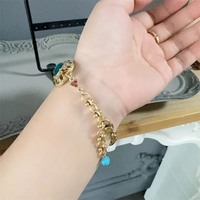 Bohemia Antique Gemstone Women Vintage Boho Beads Square Sea Blue Crystal Bangle Charm Bracelet