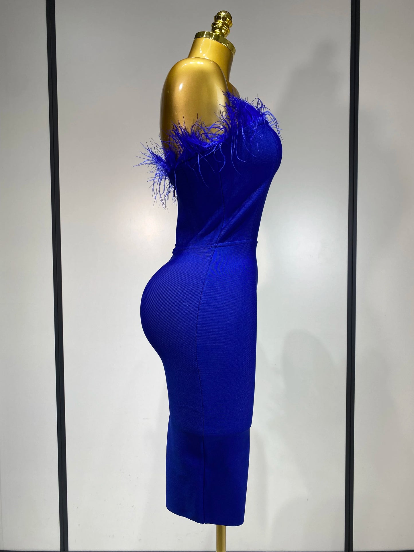 Sexy Backless Yellow Bandage Strapless Celebrity Elegant Feather Birthday Club Party Dress