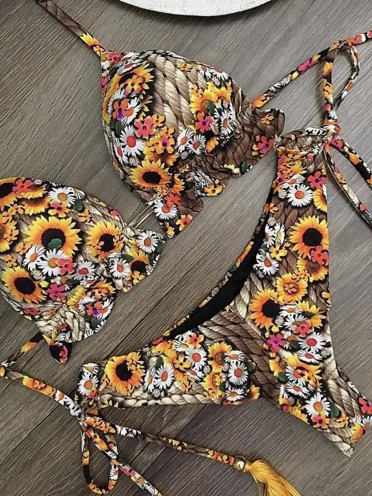 Sexy Micro Feather Print Bandage Swimwear Bathing Brazilian Bikini Suit