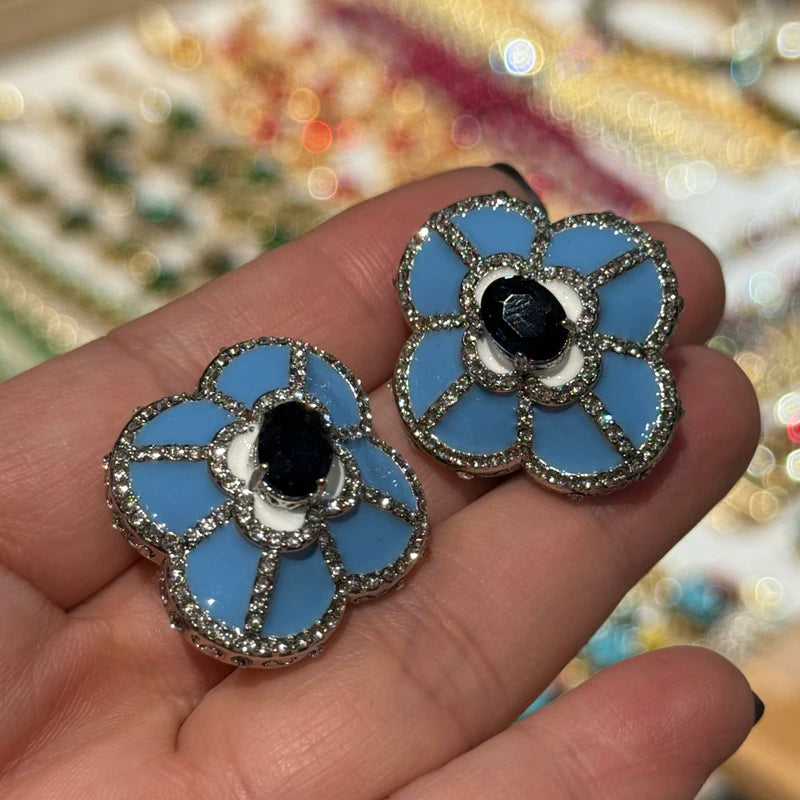 Luxury Designer Large Blue Clover Four Leafs Flower Stud Charms Vintage Earrings
