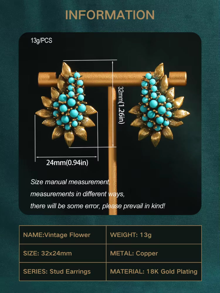 Women Vintage Beaded Sea Blue Natural Stones Tree Leaf Antique Bohemia Stud Earrings