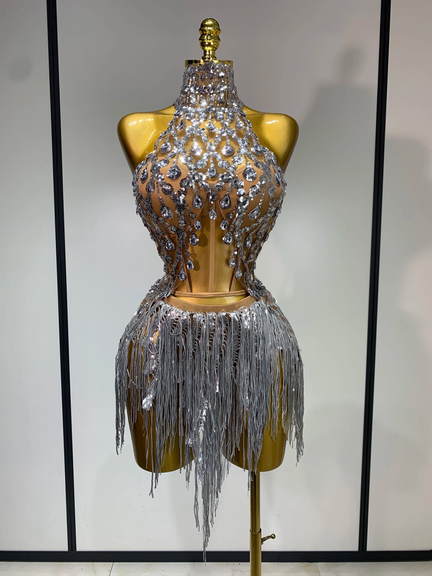 Sexy Shinning Rhinestone Tassels Two Pieces Nightclub Evening Party Birthday Clubbing Dress