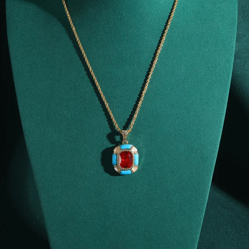 Vintage Designer Blue Enamel Red Glass Square Hanging French Stylish Luxury Charm Pendant Necklace