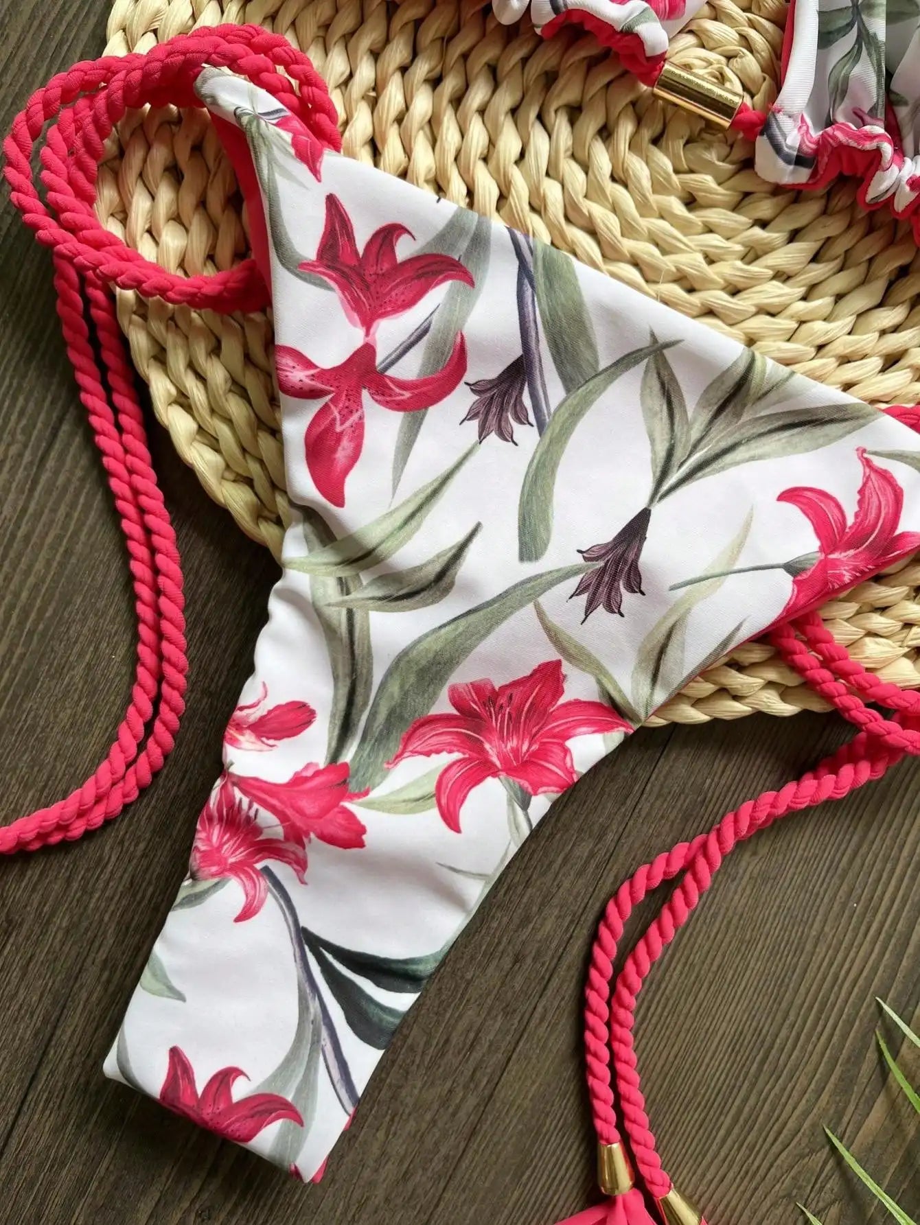Sexy Plant Print Swimsuit Braiding Rope Bandage Bikinis Bathing Suit