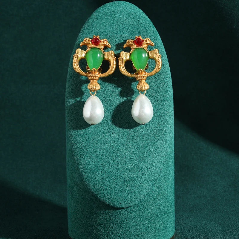 Women Green Jade Teardrop Pearl Natural Stone Vintage Dubai Earrings