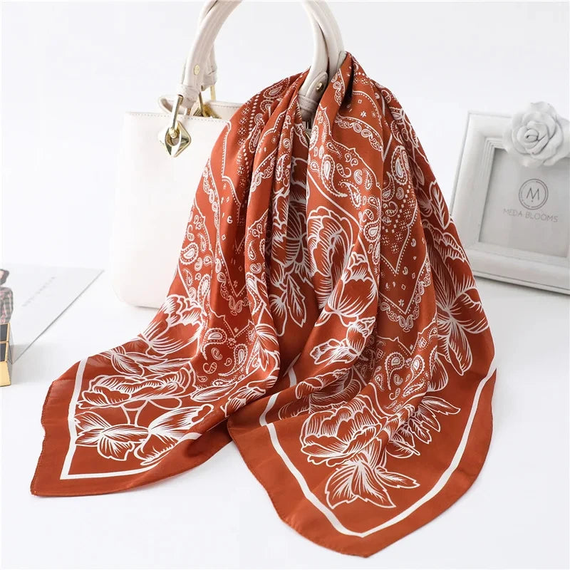 70cm Women Fashion Floral Print Square Silk Scarf Satin Shawl Wrap Scarves