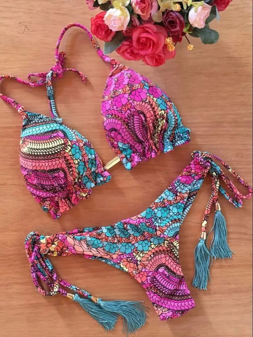 Sexy Micro Feather Print Bandage Swimwear Bathing Brazilian Bikini Suit