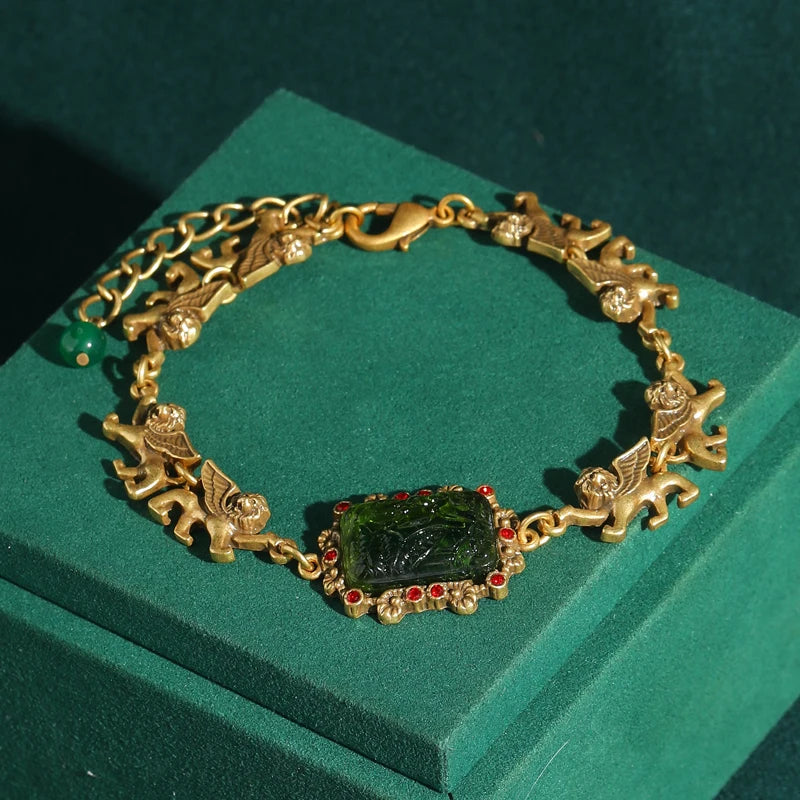 Women Vintage Green Glass Charm Square Relief Lion Real Gold Plated Designer Bracelet