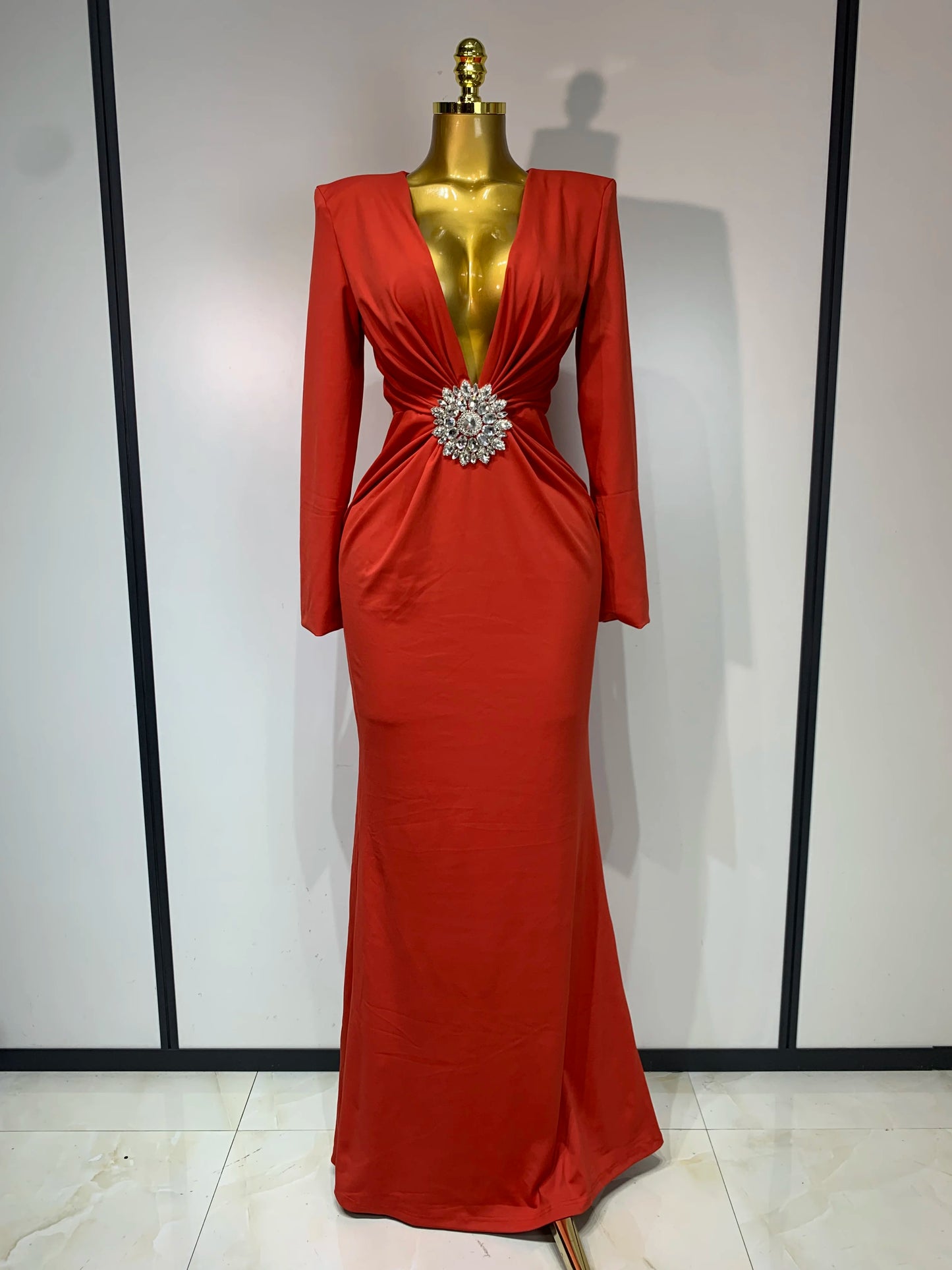 Black Diamond Bodycon Maxi Sexy Deep V Neck Long Sleeves Runway Party Evening Dress