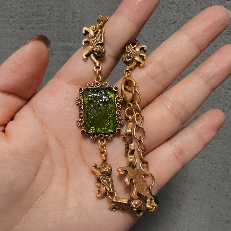Women Vintage Green Glass Charm Square Relief Lion Real Gold Plated Designer Bracelet