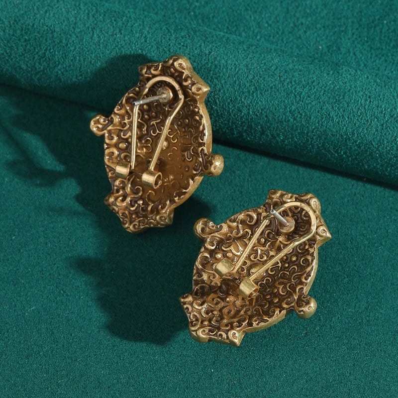 Ethnic Style Bohemia Red Natural Stone Oval Shape Vintage Crystal Antique Earrings