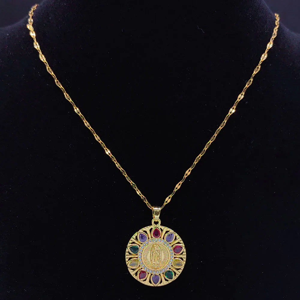 Aesthetic Virgin Mary Medal Copper Zircon Pendant Necklace for Women Men Stainless Steel Our Lady Guadalupe Chain Jewelry collar