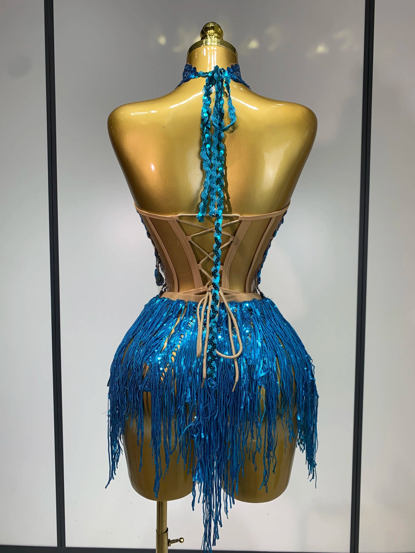 Sexy Shinning Rhinestone Tassels Two Pieces Nightclub Evening Party Birthday Clubbing Dress