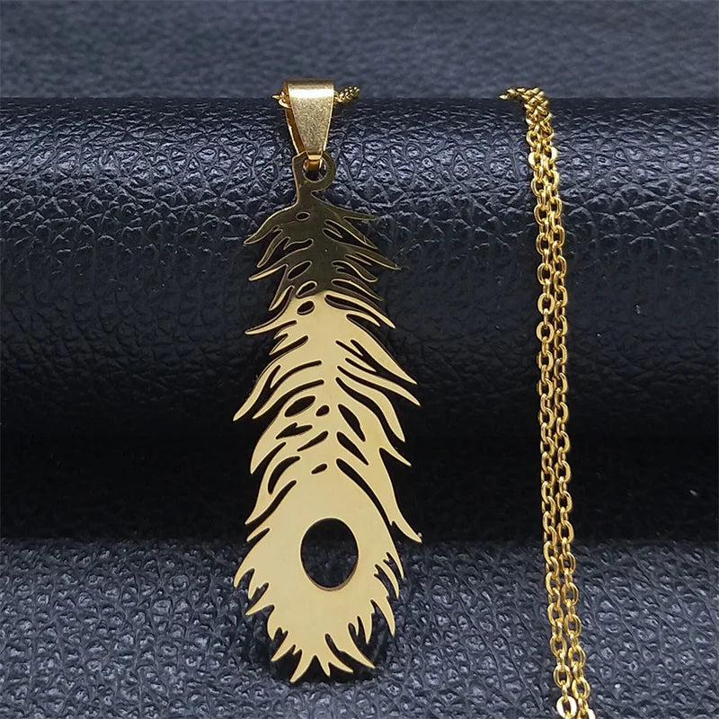 Boho Leaf Feather Women Men Stainless Steel Silver Color Chain Pendant Necklace