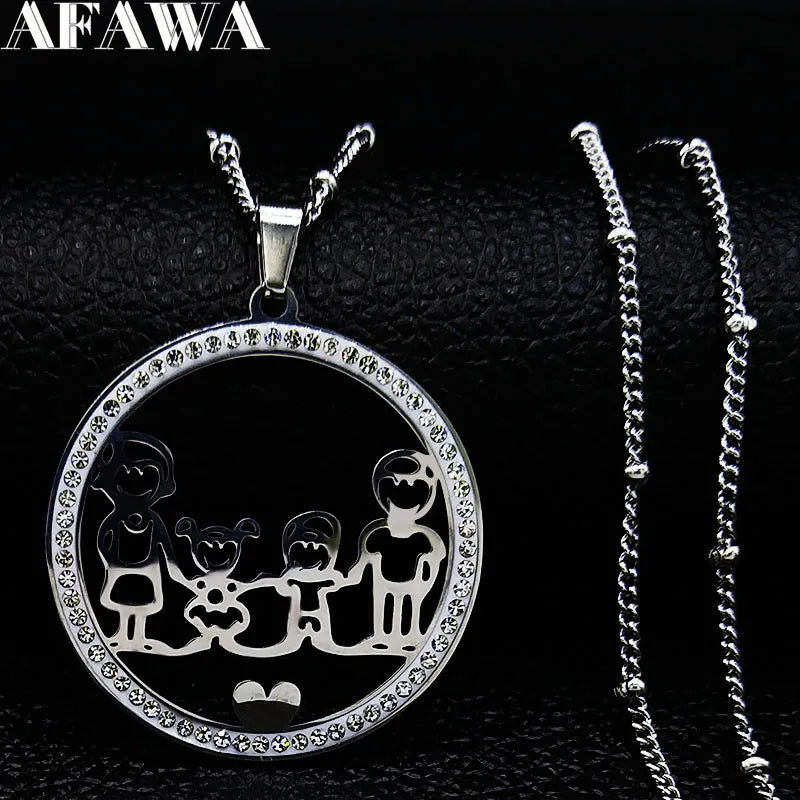 Family Boy Gril Stainless Steel Silver Color Crystal Necklace