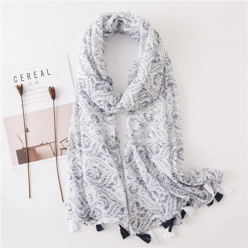 Women Fashion Large Cotton Flower Designs Tassel Prints Scarves Wrap Shawl Scarf