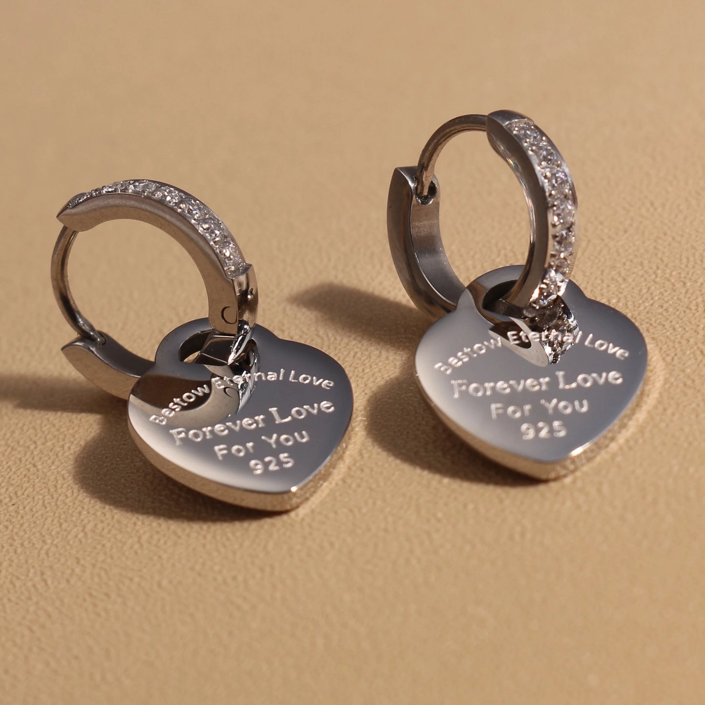 Women Heart Pendant Women Zircon Stainless Steel Gold Color Charm Earrings