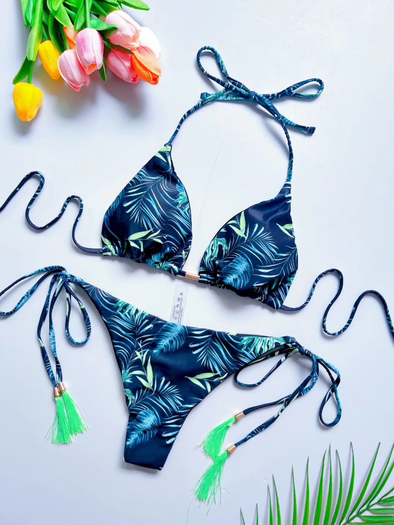 2pcs Sexy Print Bandage Triangle Halter Swimwear Bathing Suit Brazilian Bikini Set