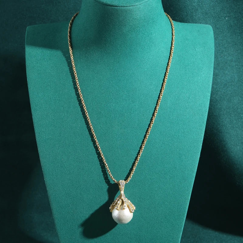 Women Vintage Pearl Freshwater Shell Rhinestone Ball Designer Wedding Pendant Necklace