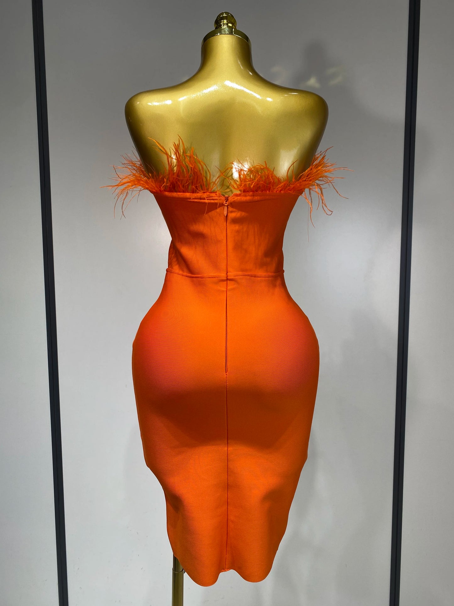 Sexy Backless Yellow Bandage Strapless Celebrity Elegant Feather Birthday Club Party Dress