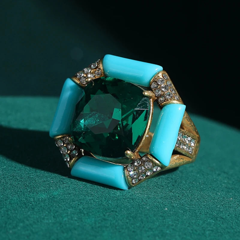 Antique Emerald Green Crystal 18K Gold-Plated Sea Blue Enamel Square Natural Stone Ring