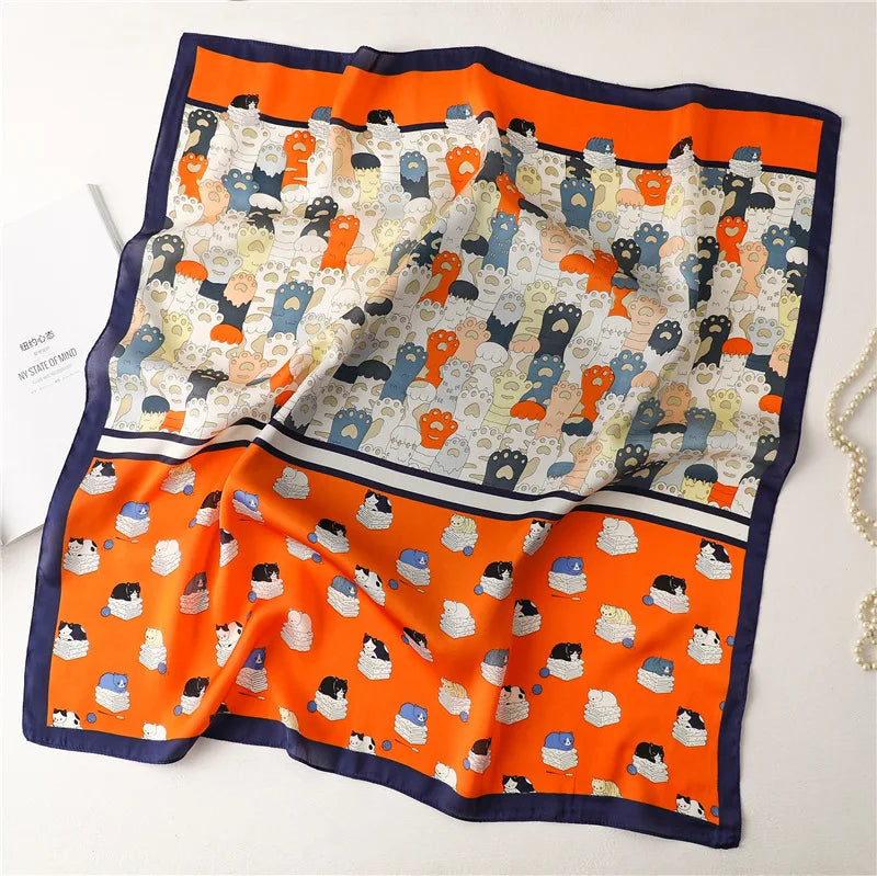 Women Fashion Silk Satin Cats Pets Printed Wrap Scarf Bandana Scarves