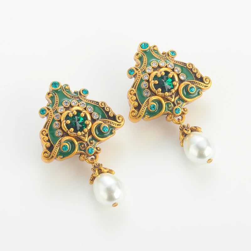 Vintage Pearl Triangle Green Flame Enamel Freshwater Wedding Pendant Earrings