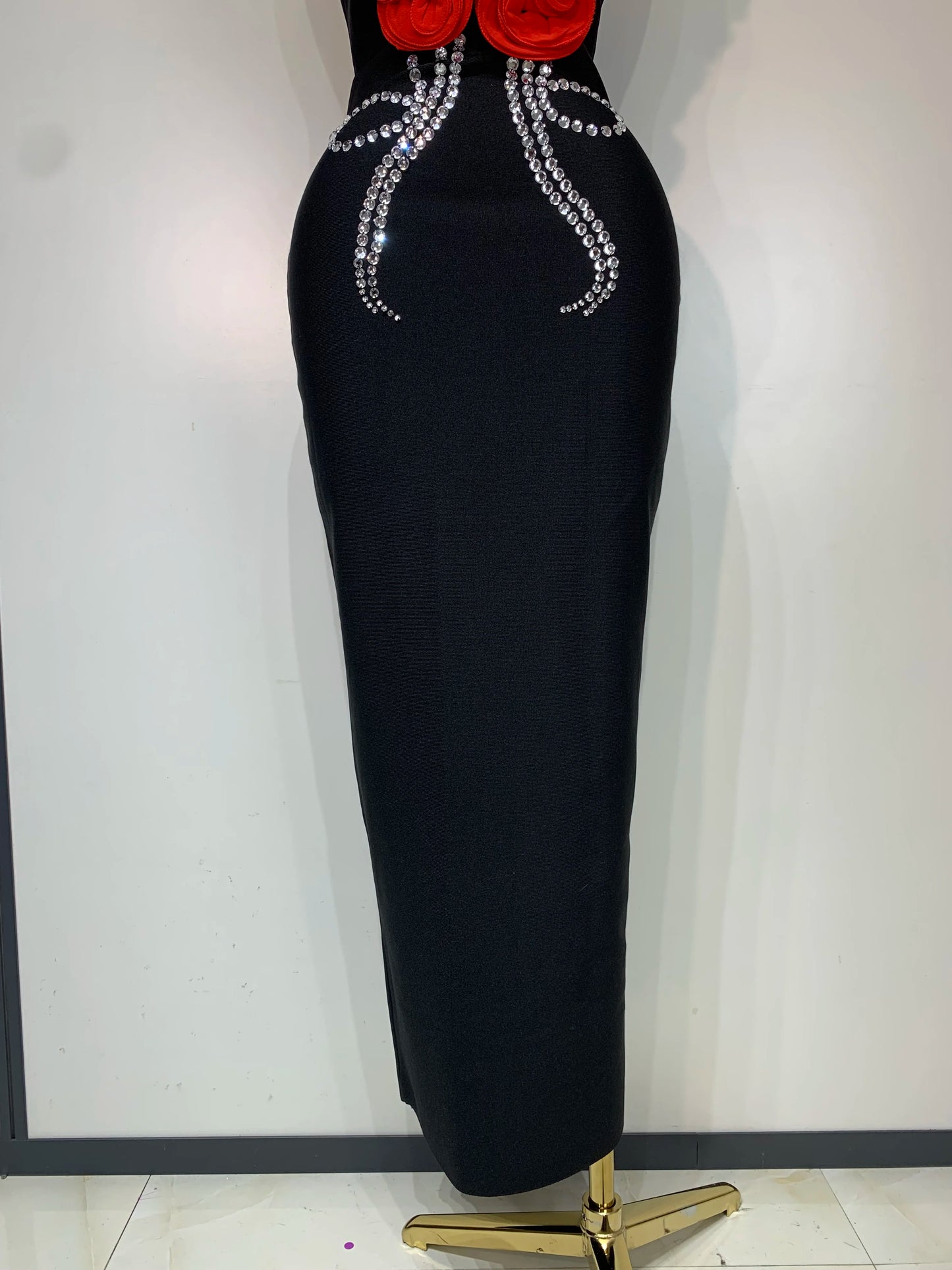 Sexy Strapless 3D Flowers Diamond Black Midi Bandage Elegant Evening Party Night Birthday Dress