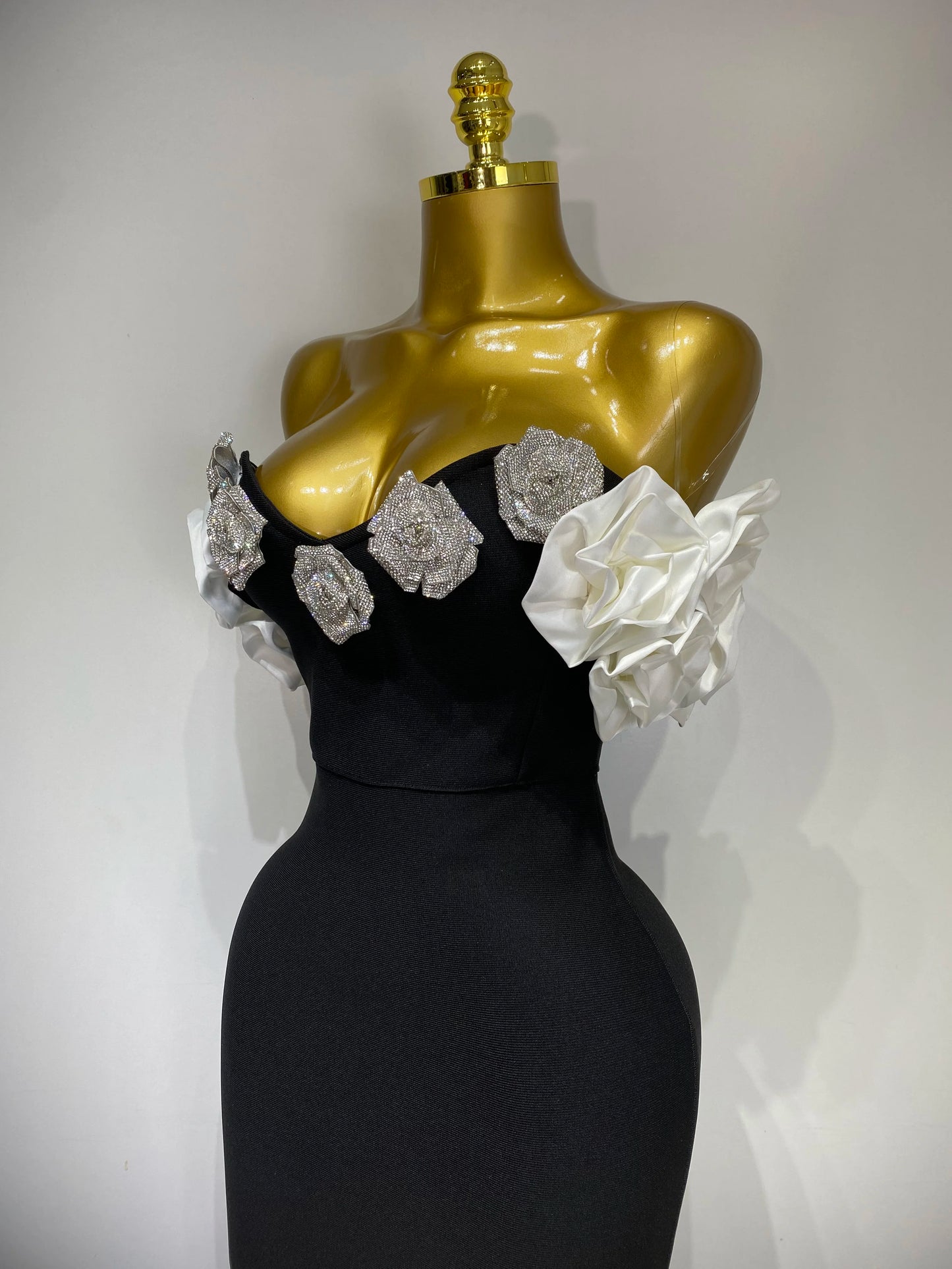 Celebrity Sexy Rhinestone Off Shoulder Flower Maxi Long Bandage Evening Party Dress