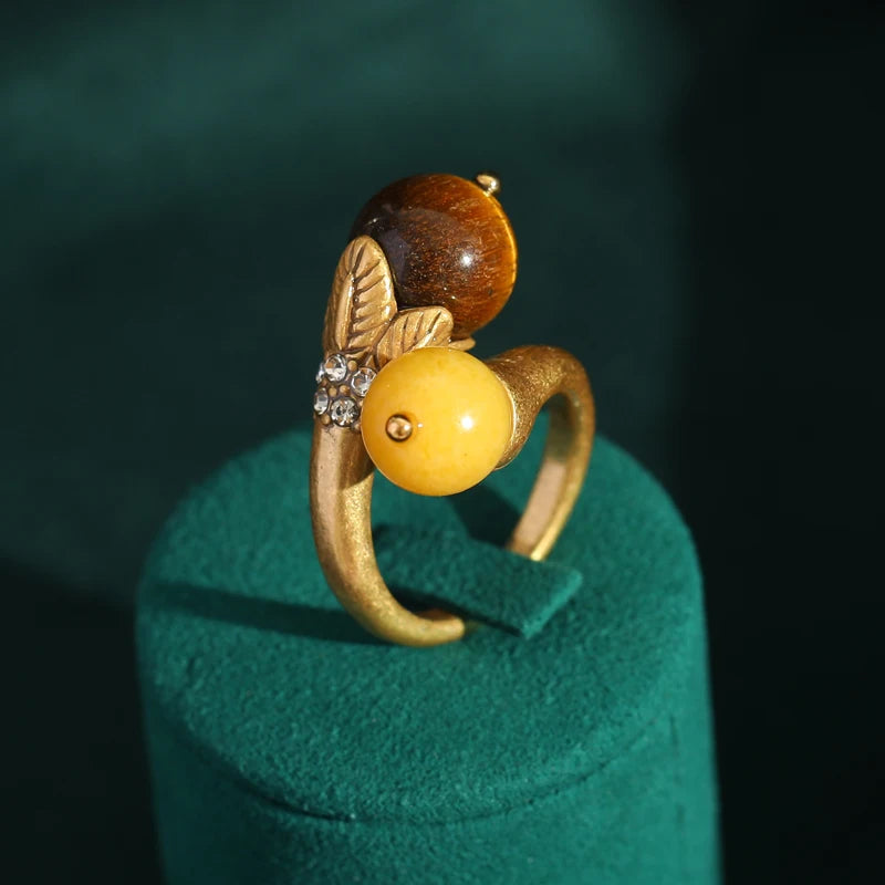 Women Blue Natural Stone Open Leopard Fashionable Water Drop Gold Color Pearl Flower Ring