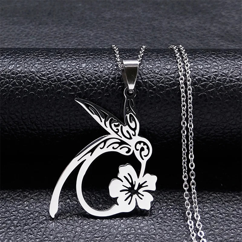 Bird Hummingbird Flower Necklace for Women Men Stainless Steel Gold Color Animal Pendant Necklaces Jewelry collar colibri N4626S