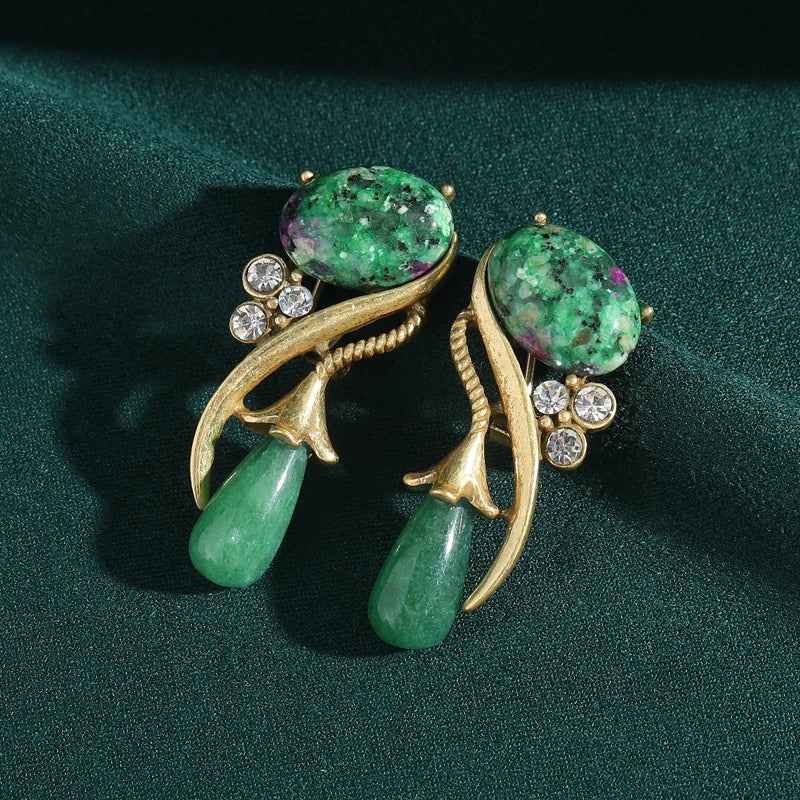 Antique Moss Green Natural Stone Flower Rhinestones Vintage Long Water Drop Earrings