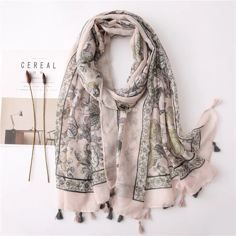 Women Fashion Large Cotton Flower Designs Tassel Prints Scarves Wrap Shawl Scarf