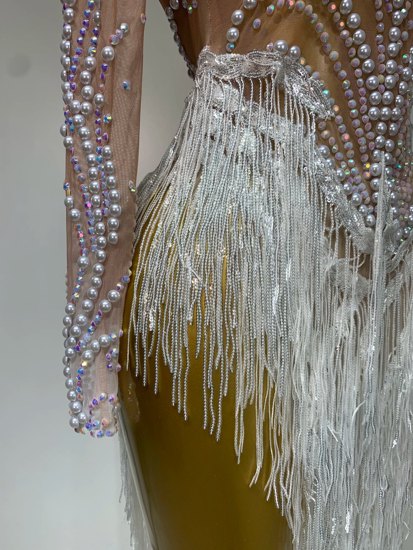 Sexy Rhinestone Sequins Tassel Mesh See Through Evening Party Nightclub Singer Sparkly Dress