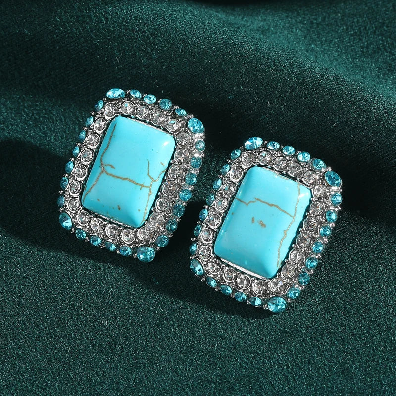 Vintage Wedding Natural Stone Square Blue Rhinestones Antique Studs Earrings