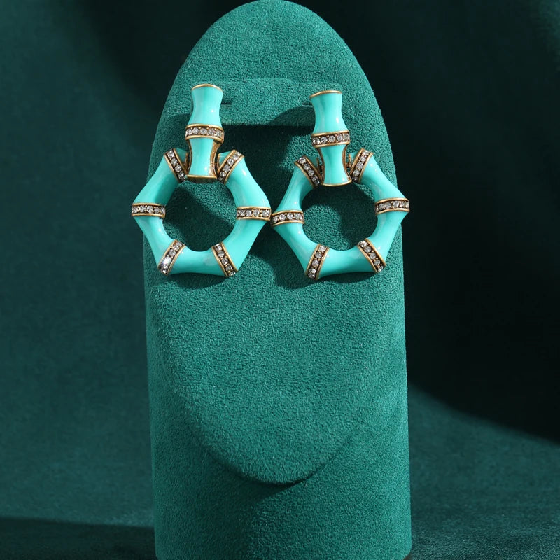 Vintage Blue Green Drip Oil Snake Bamboo Women Designer Earrings