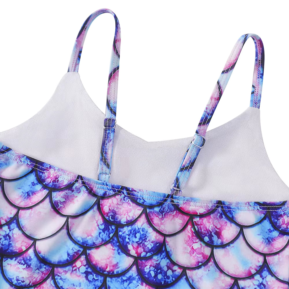 Kids Girl Thin Strap Backless Mermaid Scale Printed Double Layers Bikini Cut Swimwear